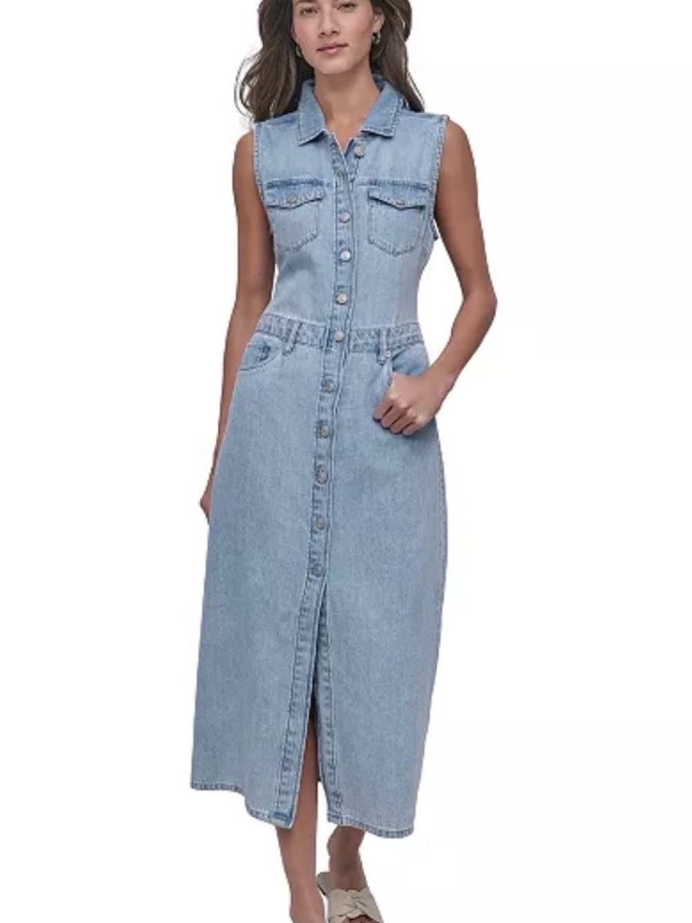 DKNY Jeans button-front sleeveless midi denim dress in a medium wash Size Medium